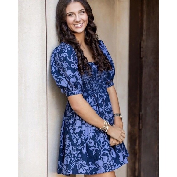 Free People Delilah Mini Dress XS Blue Floral Puff Sleeve Smocked Backless New - Picture 1 of 12